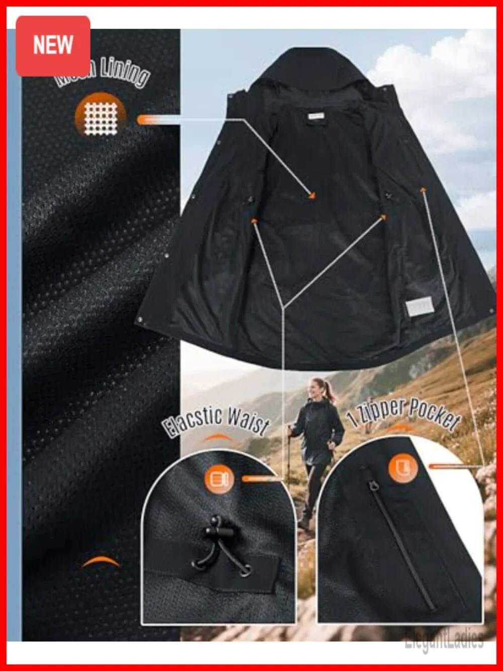 Women's Waterproof Long Raincoat with Hood 10000mm Breathable Lightweight